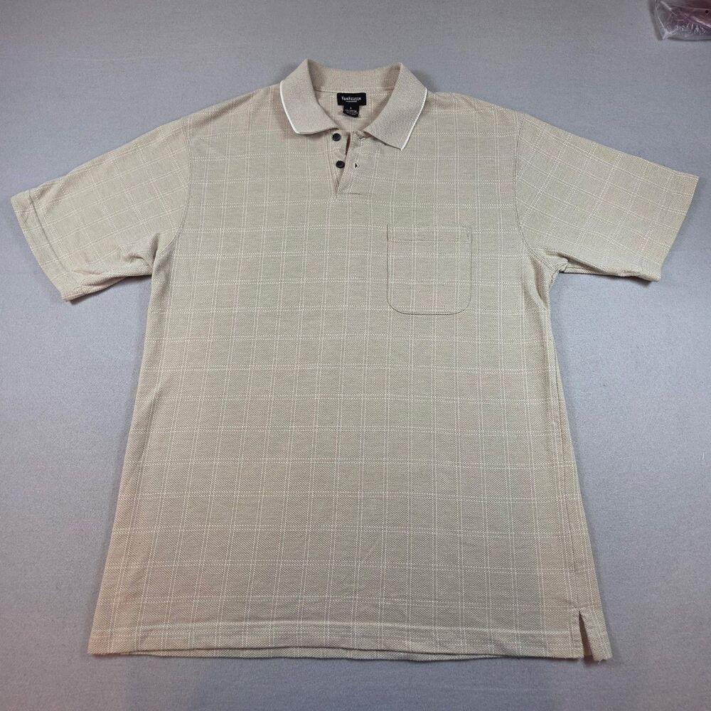 Van Heusen Men’s Polo Shirt Size L – Beige Plaid Short Sleeve